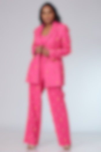 Hot Pink Textured Twill Embroidered Jacket Set by Neeta Lulla at Pernia's Pop Up Shop