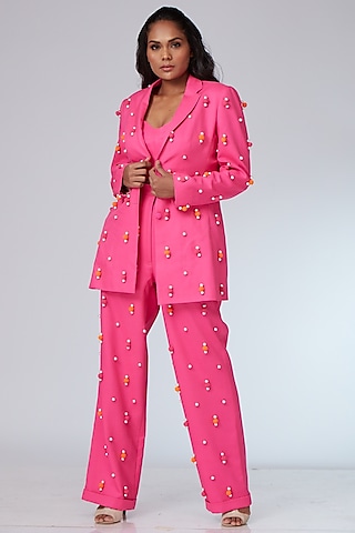 Hot Pink Textured Twill Embroidered Jacket Set by Neeta Lulla