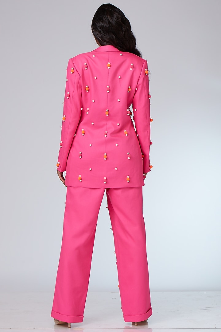 Hot Pink Textured Twill Embroidered Jacket Set by Neeta Lulla at Pernia's Pop Up Shop