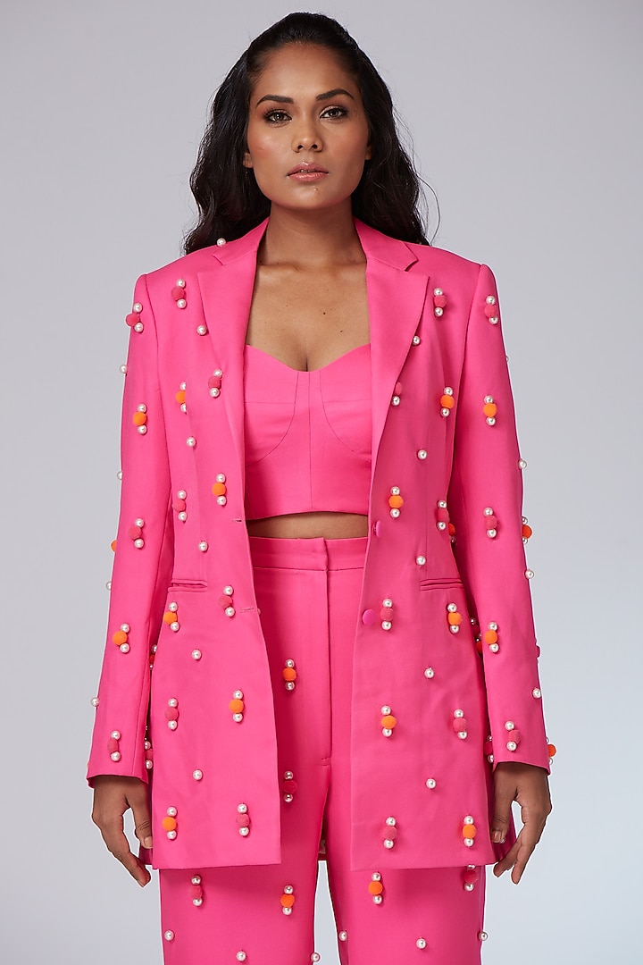Hot Pink Textured Twill Embroidered Jacket Set by Neeta Lulla at Pernia's  Pop Up Shop