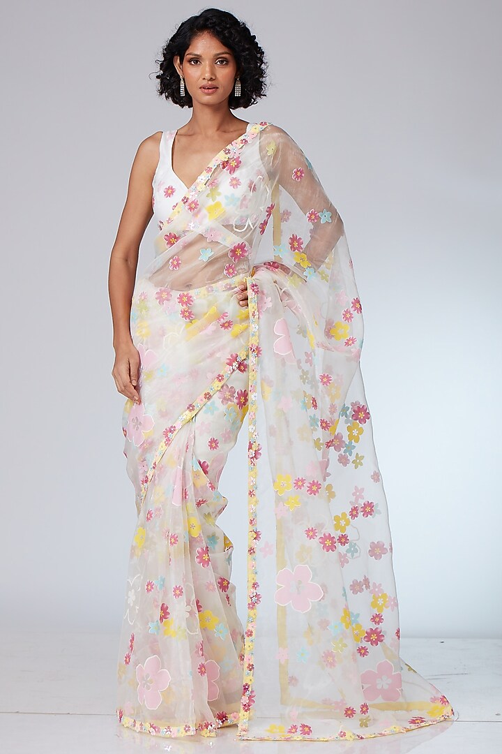 White Shimmer Organza Embroidered Wedding Saree Set by Neeta Lulla at Pernia's Pop Up Shop