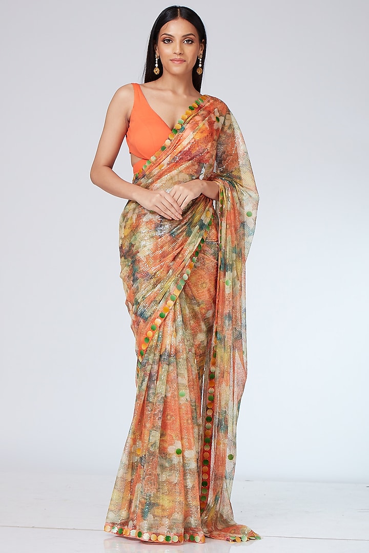 Orange Tulle Embroidered Saree Set by Neeta Lulla