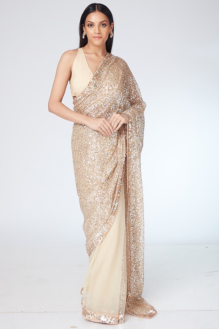 Champagne Tulle Embroidered Saree Set by Neeta Lulla