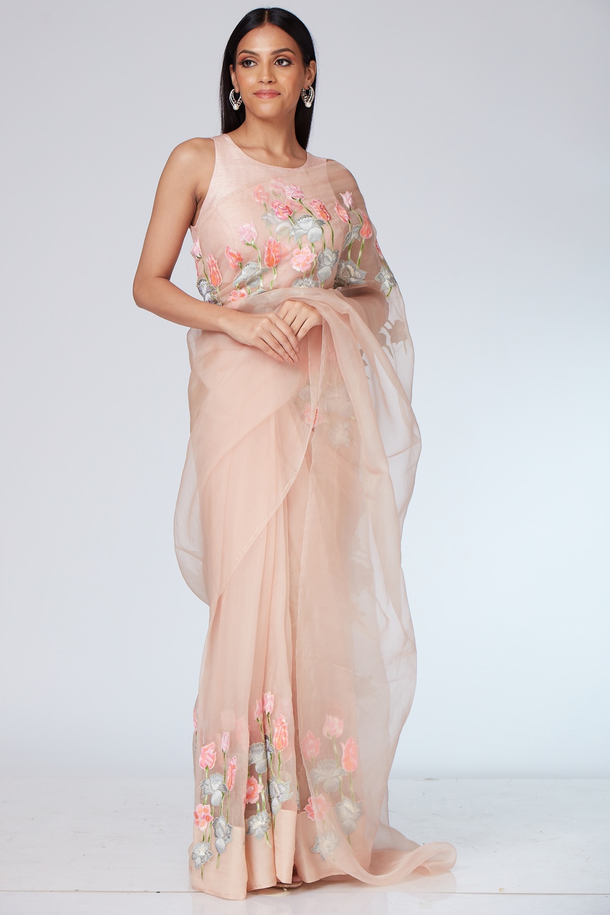 Buy Peach Organza Saree With Stone Embellishment Online in India @Mohey -  Saree for Women