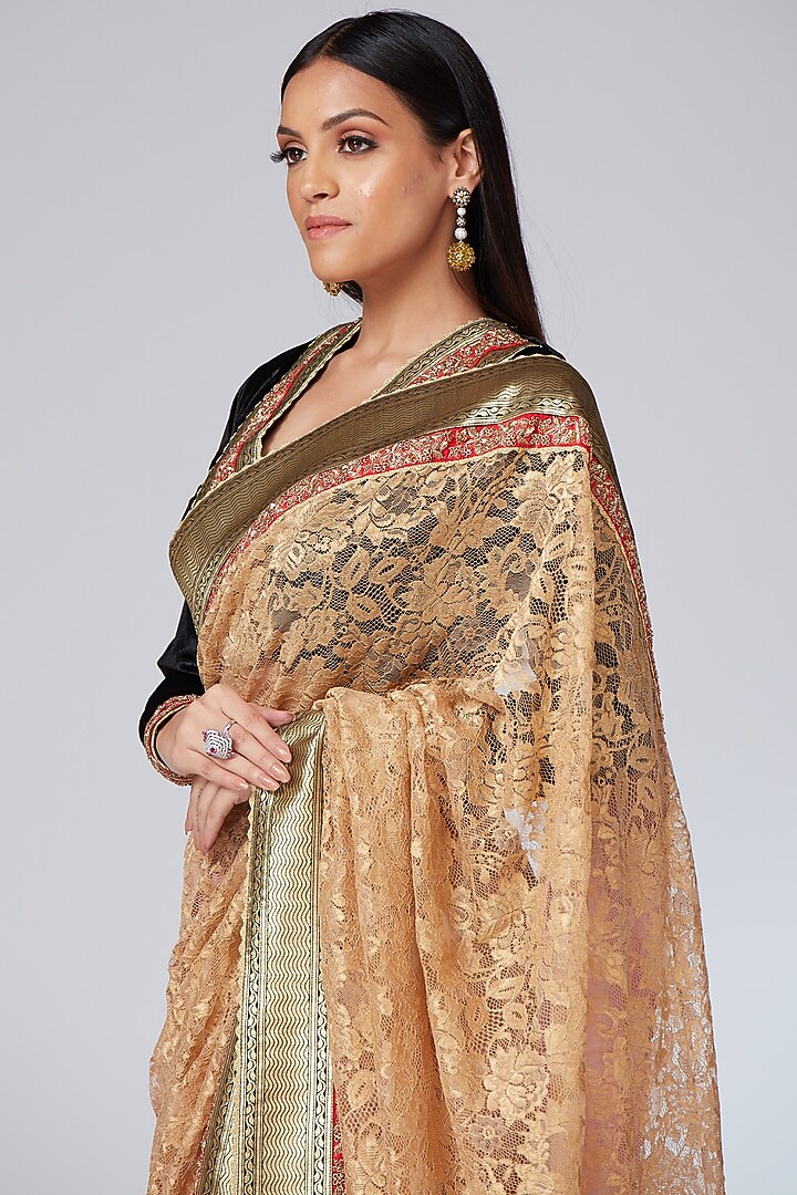 Gold & Onion Pink Chanderi Brocade Embroidered Reception Saree Set by Neeta Lulla at Pernia's Pop Up Shop