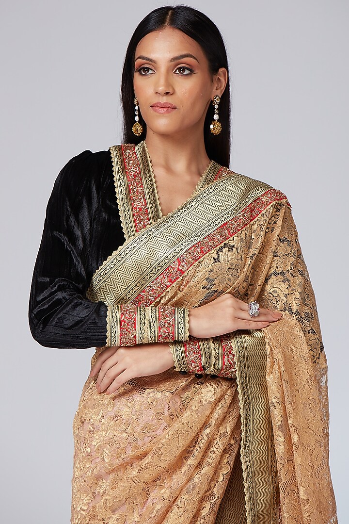 Gold & Onion Pink Chanderi Brocade Embroidered Reception Saree Set by Neeta Lulla at Pernia's Pop Up Shop