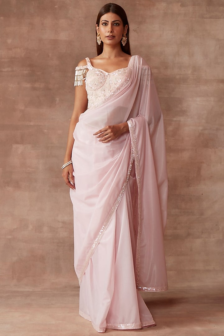 Lavender Blush Organza Embroidered Reception Saree Set by Neeta Lulla at Pernia's Pop Up Shop