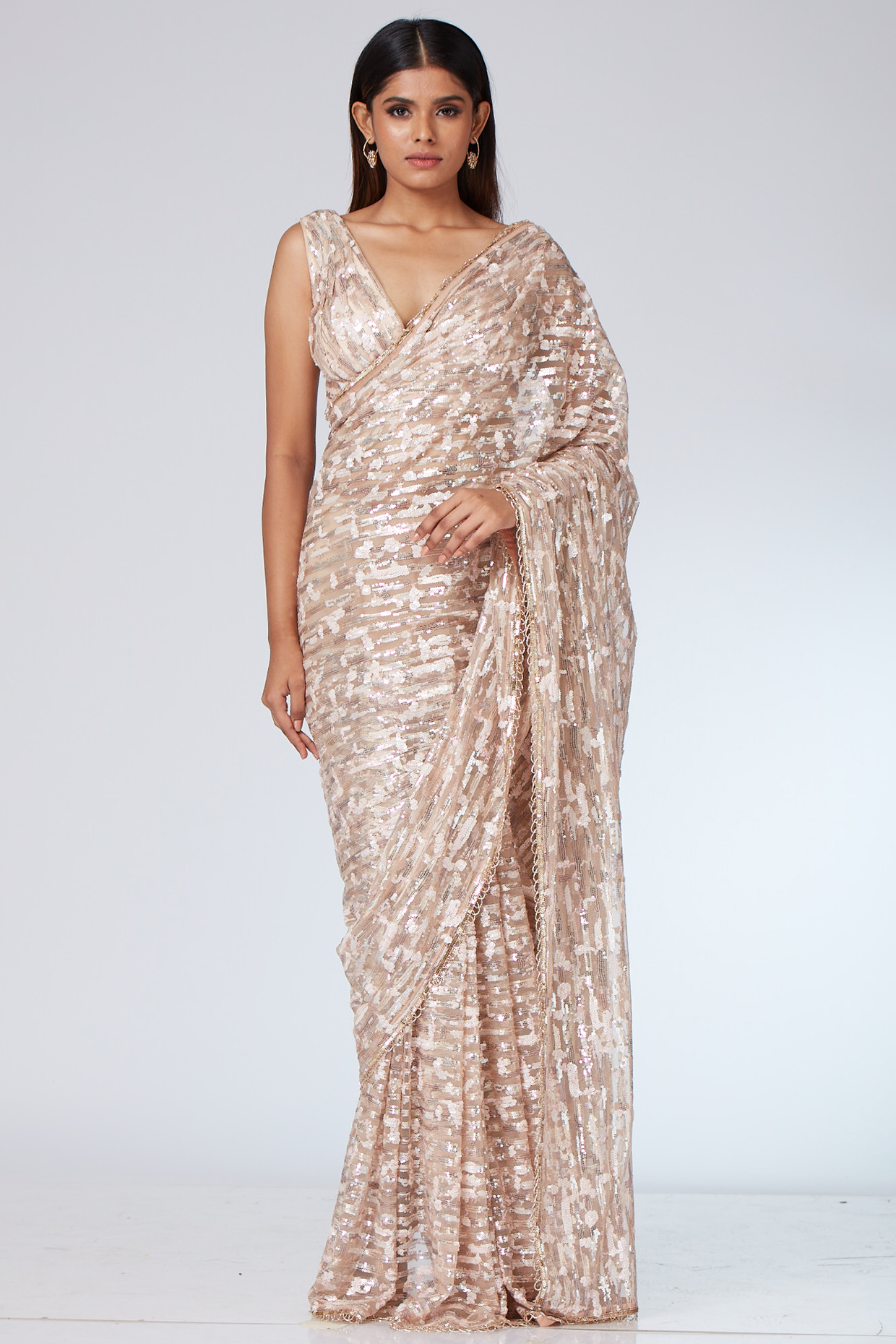 Bisque Pearl Tulle Embroidered Saree Set by Neeta Lulla