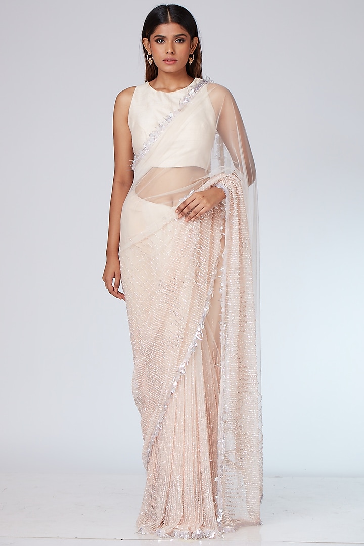 Launched Almond Tulle Embroidered Saree Set by Neeta Lulla