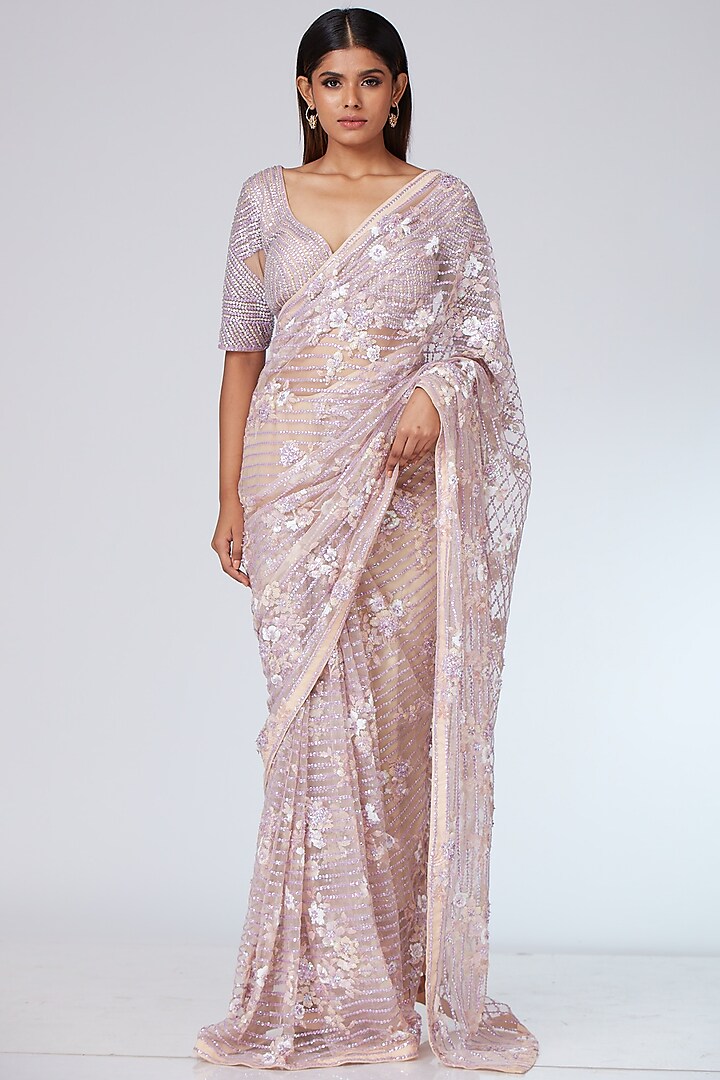 Bisque Lavender Tulle Embroidered Saree Set by Neeta Lulla