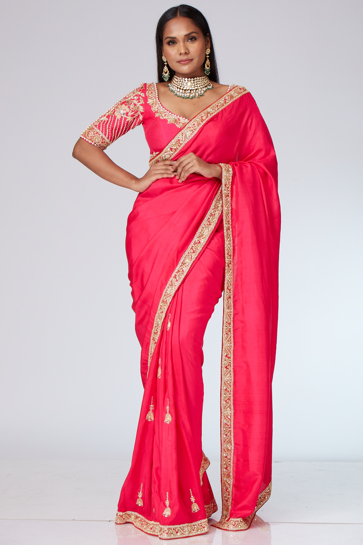 Coral Silk Zardosi Embroidered Saree Set by Neeta Lulla