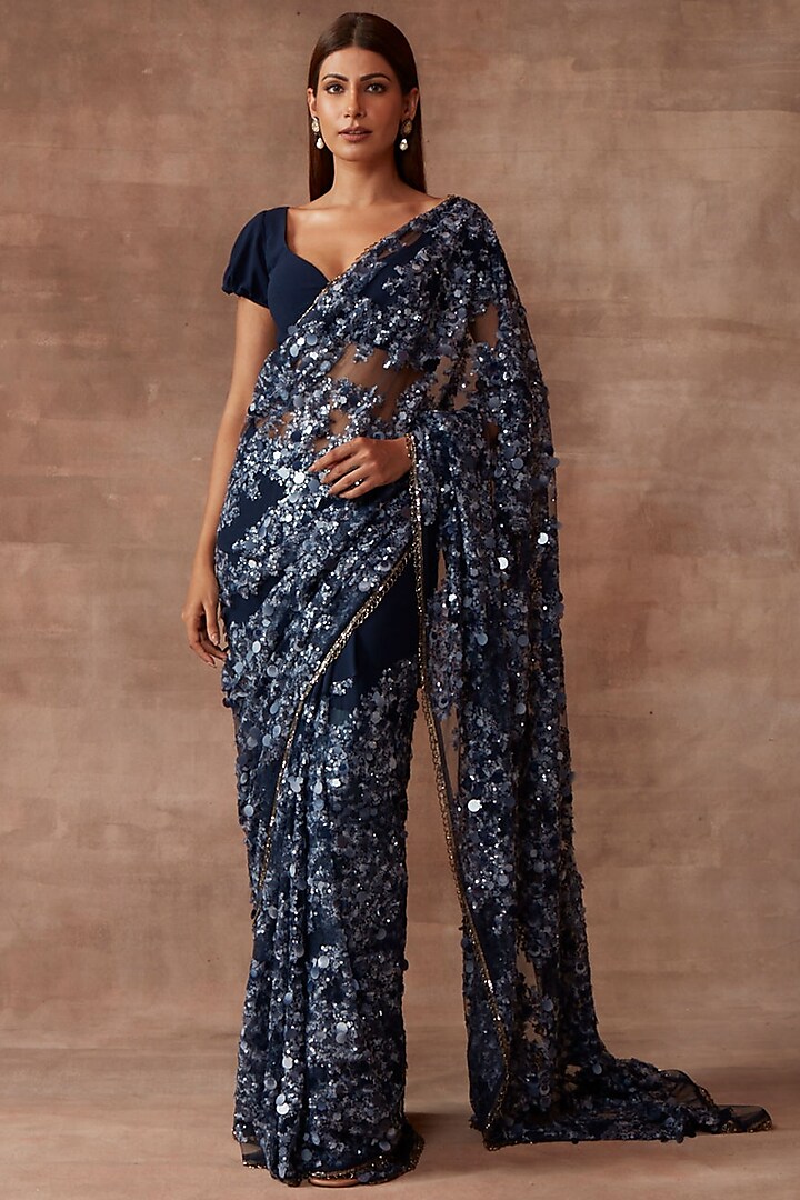 Royal Blue Tulle Embellished Saree Set by Neeta Lulla