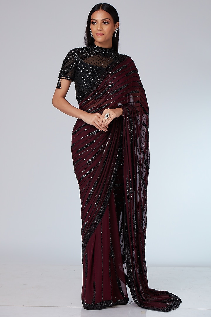 Burgundy & Black Georgette Embellished Saree Set by Neeta Lulla