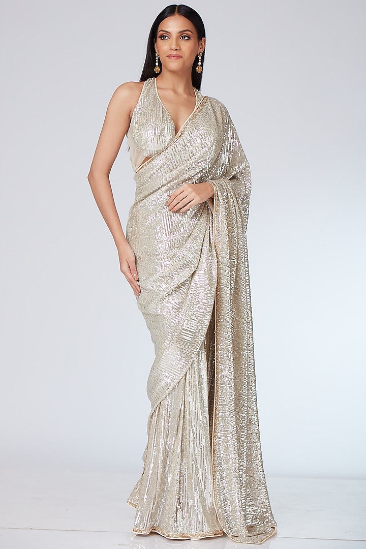Bisque Pearl Tulle Embroidered Saree Set by Neeta Lulla