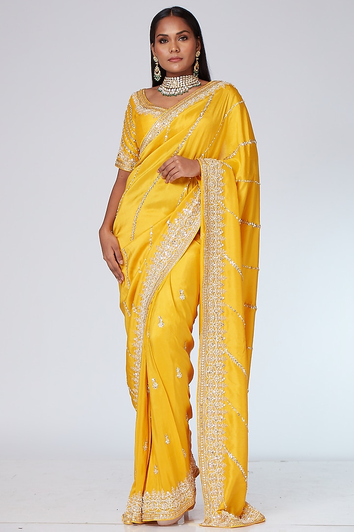 Carnation Yellow Silk Embellished Saree Set by Neeta Lulla
