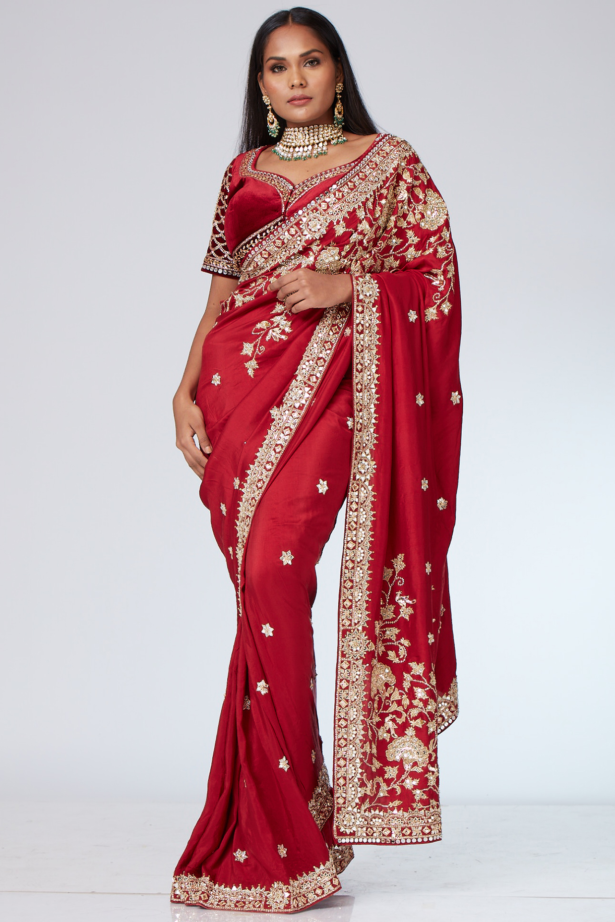 Crimson Crepe Embroidered Saree Set by Neeta Lulla