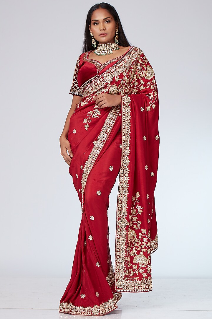 Crimson Crepe Embroidered Saree Set by Neeta Lulla