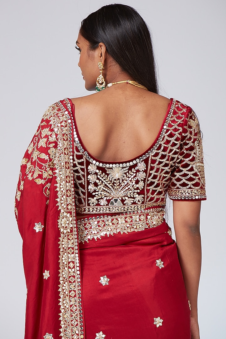 Crimson Crepe Embroidered Bridal Saree Set by Neeta Lulla at Pernia's Pop Up Shop