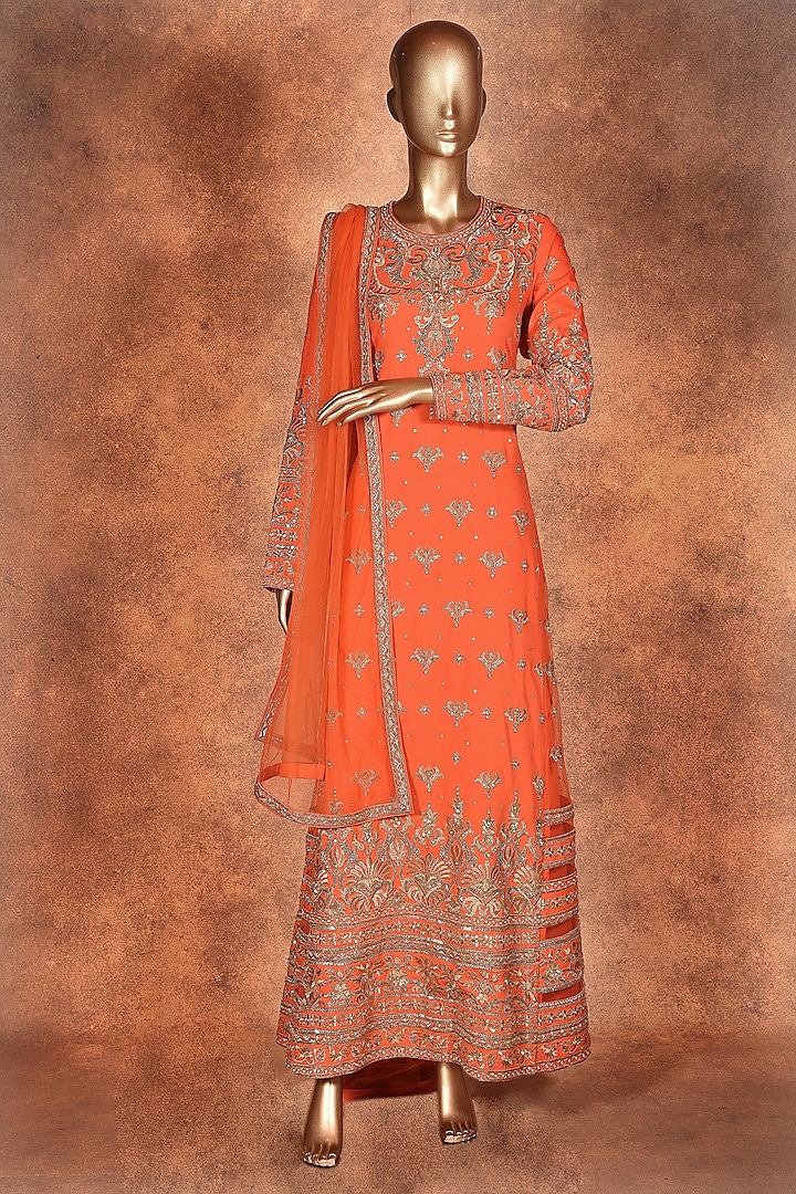 Orange Embroidered Anarkali With Dupatta by Neeta Lulla