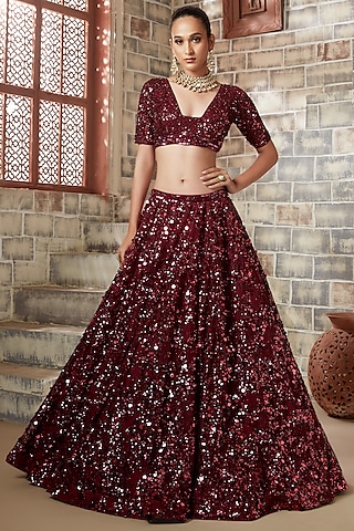 Maroon Tulle Embroidered Lehenga Set by Neeta Lulla