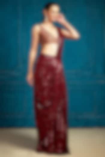 Maroon Tulle Embroidered Draped Saree Set by Neeta Lulla