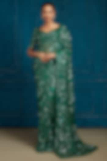 Dark Green Tulle Embroidered Saree Set by Neeta Lulla at Pernia's Pop Up Shop