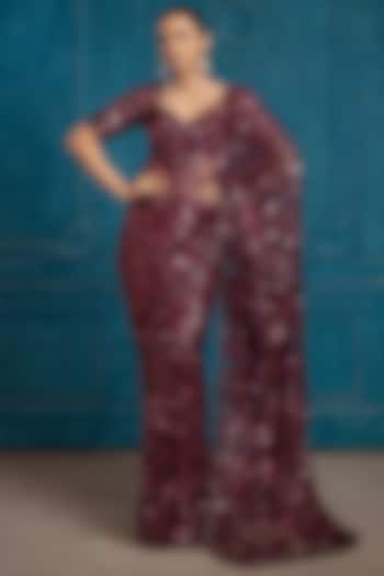 Maroon Tulle Embroidered Saree Set by Neeta Lulla