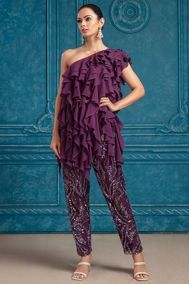 Plum Tulle & Georgette Embroidered Co-Ord Set by Neeta Lulla