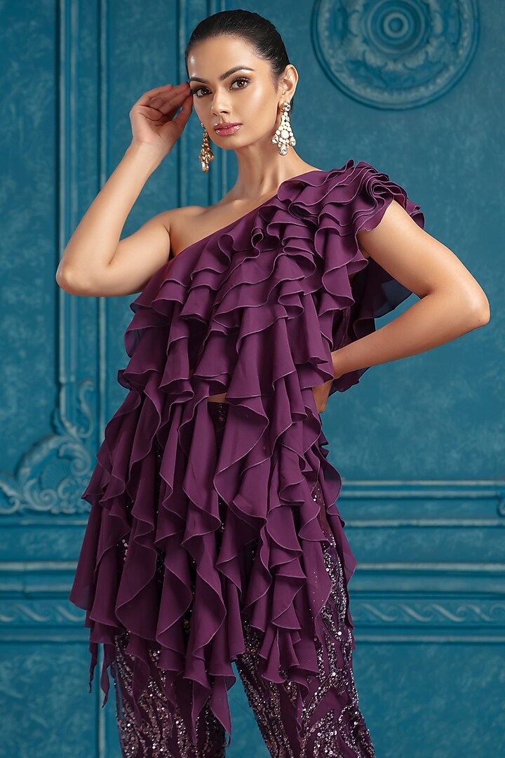 Plum Tulle & Georgette Embroidered Co-Ord Set by Neeta Lulla at Pernia's Pop Up Shop