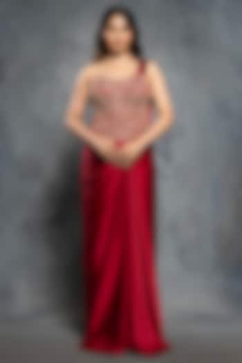 Crimson Red Satin Silk Draped Reception Gown Saree by Neeta Lulla at Pernia's Pop Up Shop
