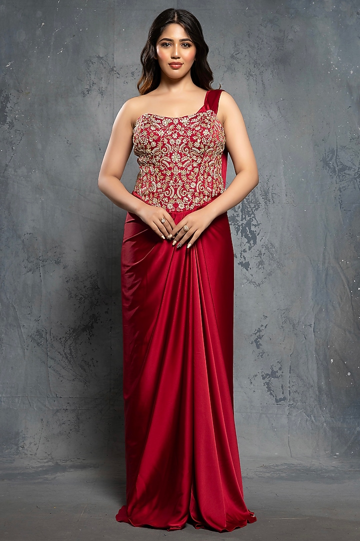 Crimson Red Satin Silk Draped Reception Gown Saree by Neeta Lulla at Pernia's Pop Up Shop