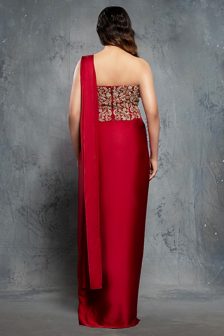 Crimson Red Satin Silk Draped Reception Gown Saree by Neeta Lulla at Pernia's Pop Up Shop