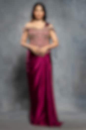 Burgundy Satin Silk Draped Reception Gown Saree by Neeta Lulla at Pernia's Pop Up Shop