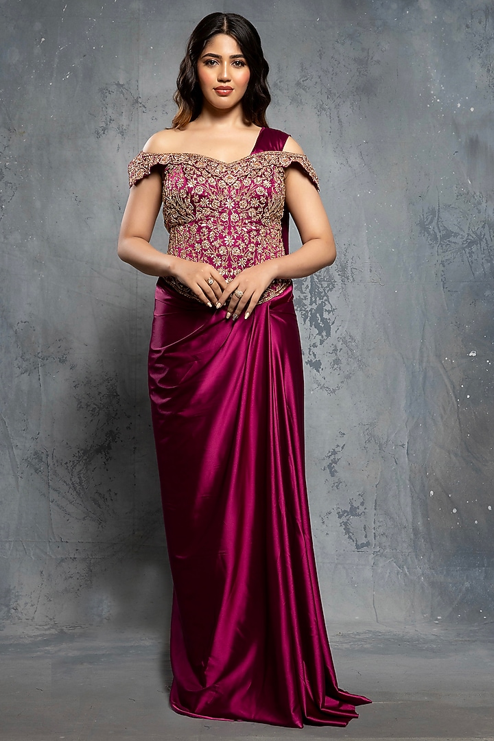 Burgundy Satin Silk Draped Reception Gown Saree by Neeta Lulla at Pernia's Pop Up Shop