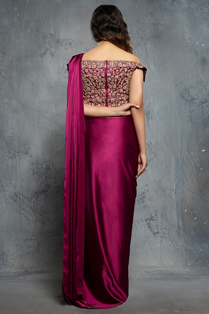 Burgundy Satin Silk Draped Reception Gown Saree by Neeta Lulla at Pernia's Pop Up Shop