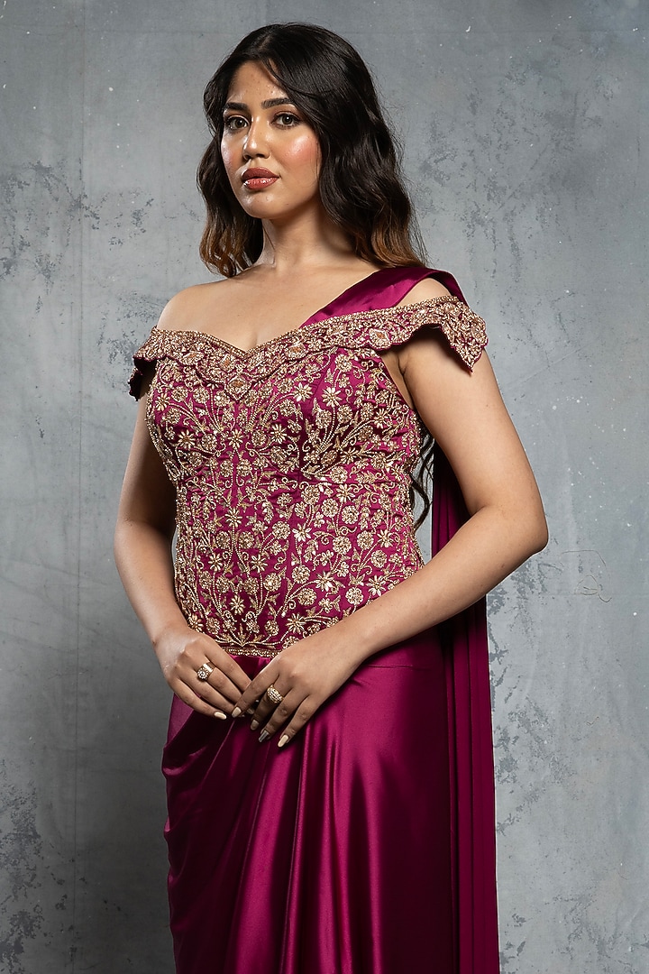 Burgundy Satin Silk Draped Reception Gown Saree by Neeta Lulla at Pernia's Pop Up Shop