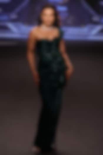 Emerald Green Satin Tissue Organza Embroidered One-Shoulder Wedding Gown by Neeta Lulla at Pernia's Pop Up Shop