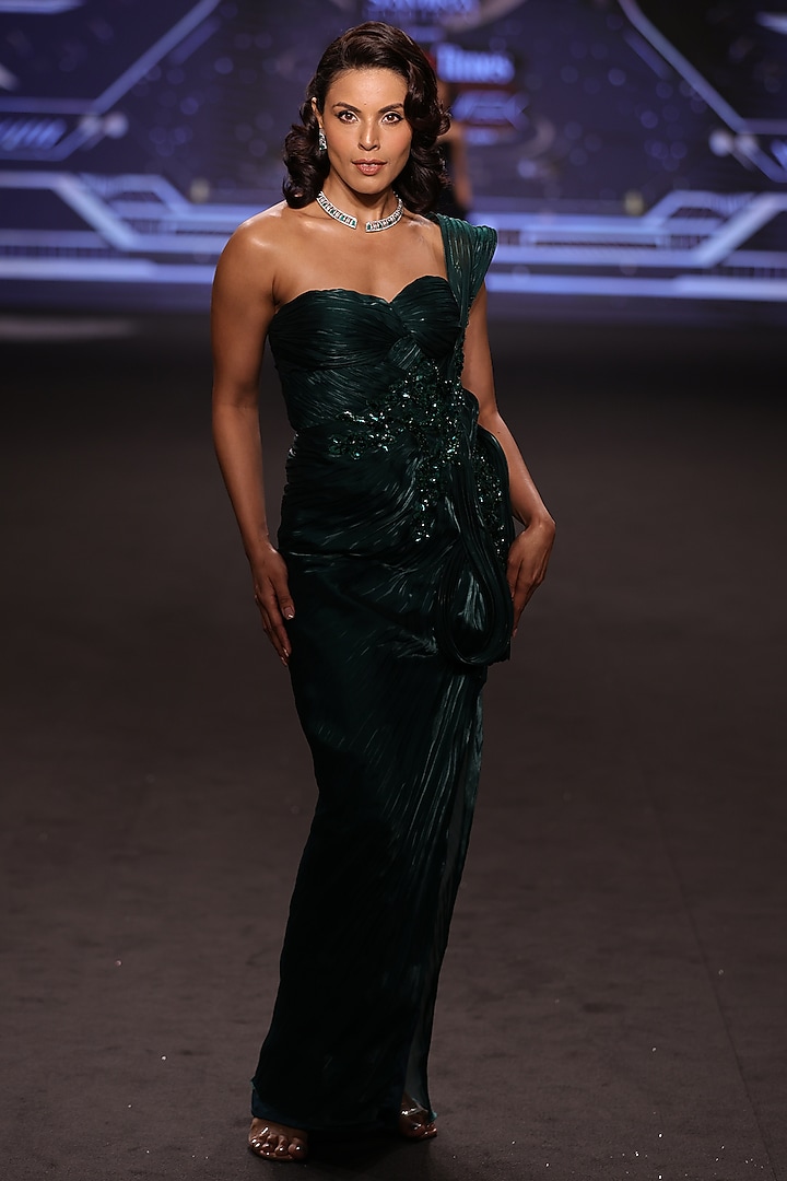 Emerald Green Satin Tissue Organza Embroidered One-Shoulder Wedding Gown by Neeta Lulla at Pernia's Pop Up Shop