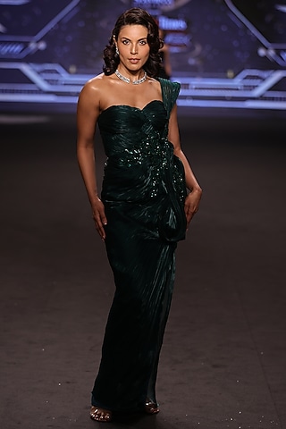 Emerald Green Satin Tissue Organza Embroidered One-Shoulder Gown by Neeta Lulla