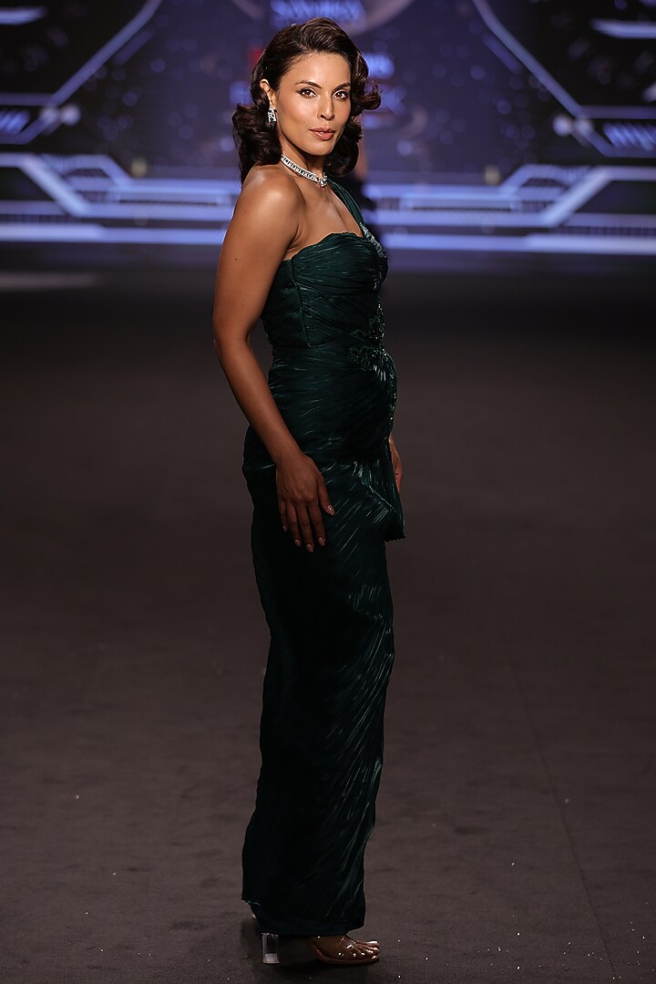 Emerald Green Satin Tissue Organza Embroidered One-Shoulder Wedding Gown by Neeta Lulla at Pernia's Pop Up Shop