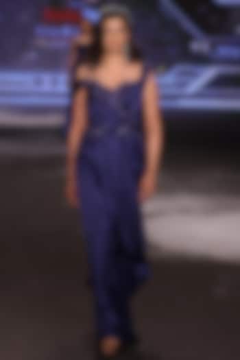 Royal Blue Charmeuse Satin Cutdana Embroidered Draped Wedding Gown by Neeta Lulla at Pernia's Pop Up Shop