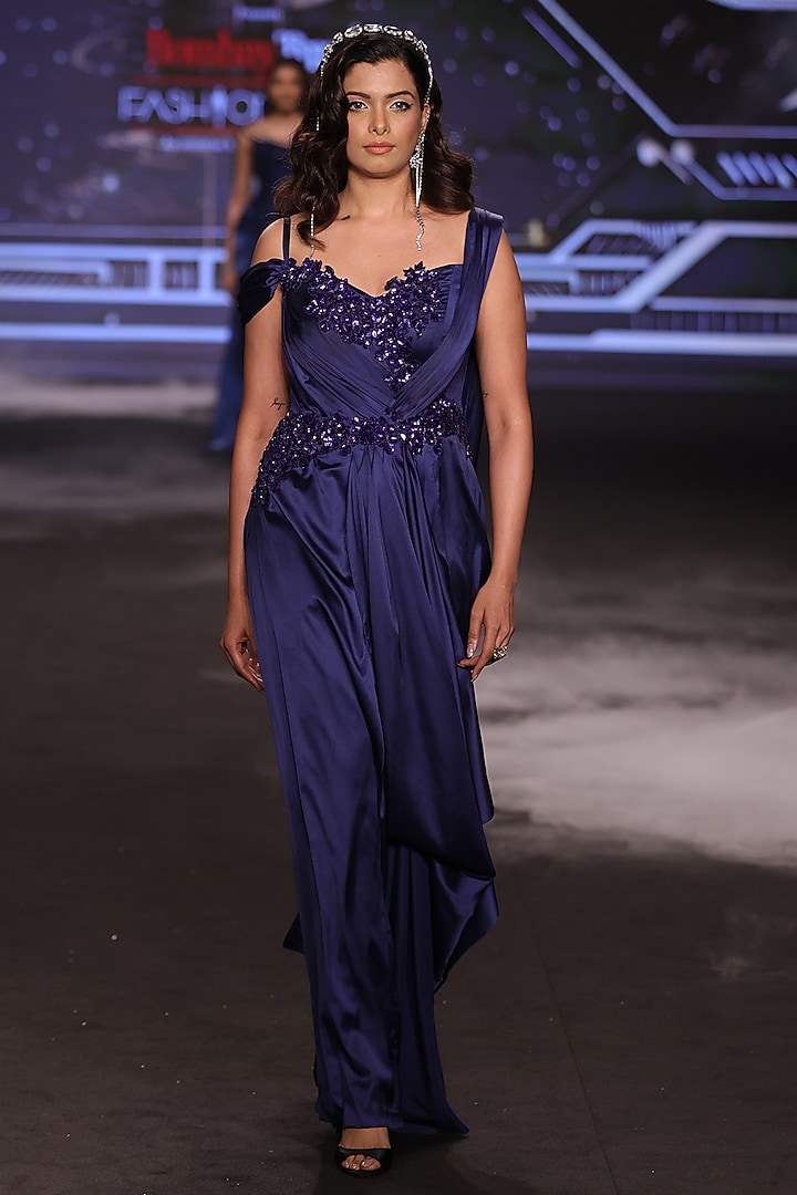 Royal Blue Charmeuse Satin Cutdana Embroidered Draped Wedding Gown by Neeta Lulla at Pernia's Pop Up Shop