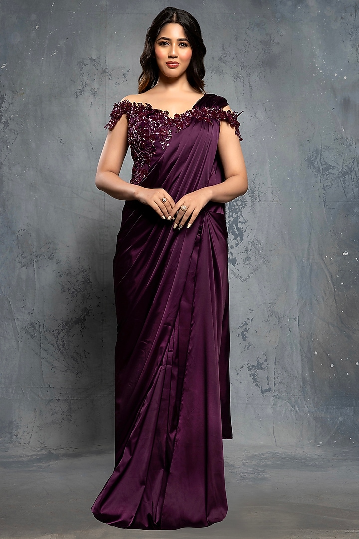 Potent Purple Satin Silk Draped Reception Gown Saree by Neeta Lulla at Pernia's Pop Up Shop