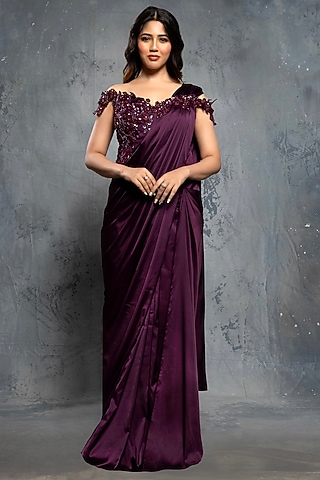 Potent Purple Satin Silk Draped Gown Saree by Neeta Lulla