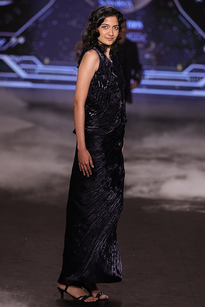 Midnight Blue Satin Tissue Organza Draped Skirt Set by Neeta Lulla at Pernia's Pop Up Shop