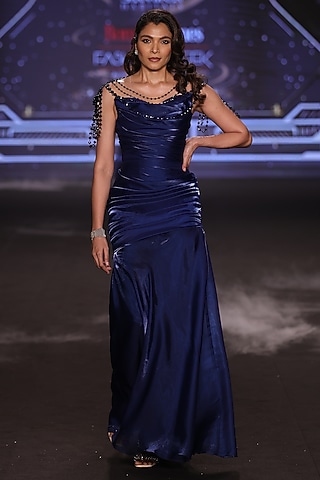 Teal Blue Satin Tissue Organza Beads Embroidered Draped Gown by Neeta Lulla