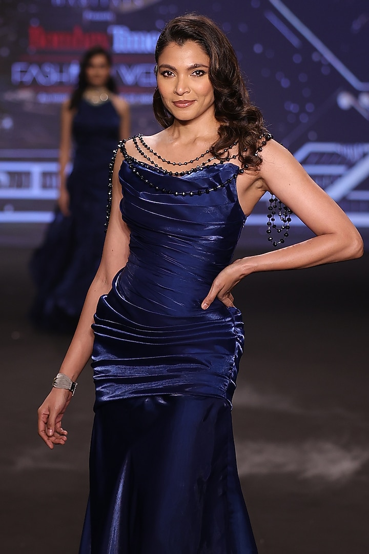Teal Blue Satin Tissue Organza Beads Embroidered Draped Wedding Gown by Neeta Lulla at Pernia's Pop Up Shop