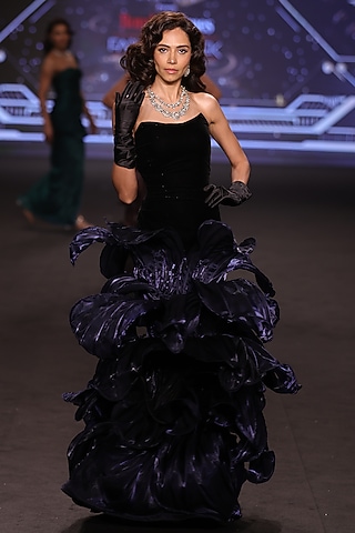 Midnight Blue Satin Tissue Organza 3D Petal Embellished Gown by Neeta Lulla