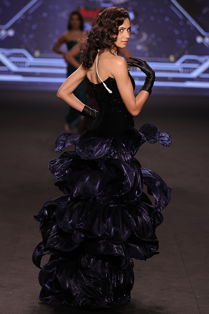 Midnight Blue Satin Tissue Organza 3D Petal Embellished Bridal Gown by Neeta Lulla at Pernia's Pop Up Shop