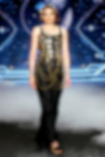 Black Satin Metallic Embellished Cascade Bridal Gown by Neeta Lulla at Pernia's Pop Up Shop